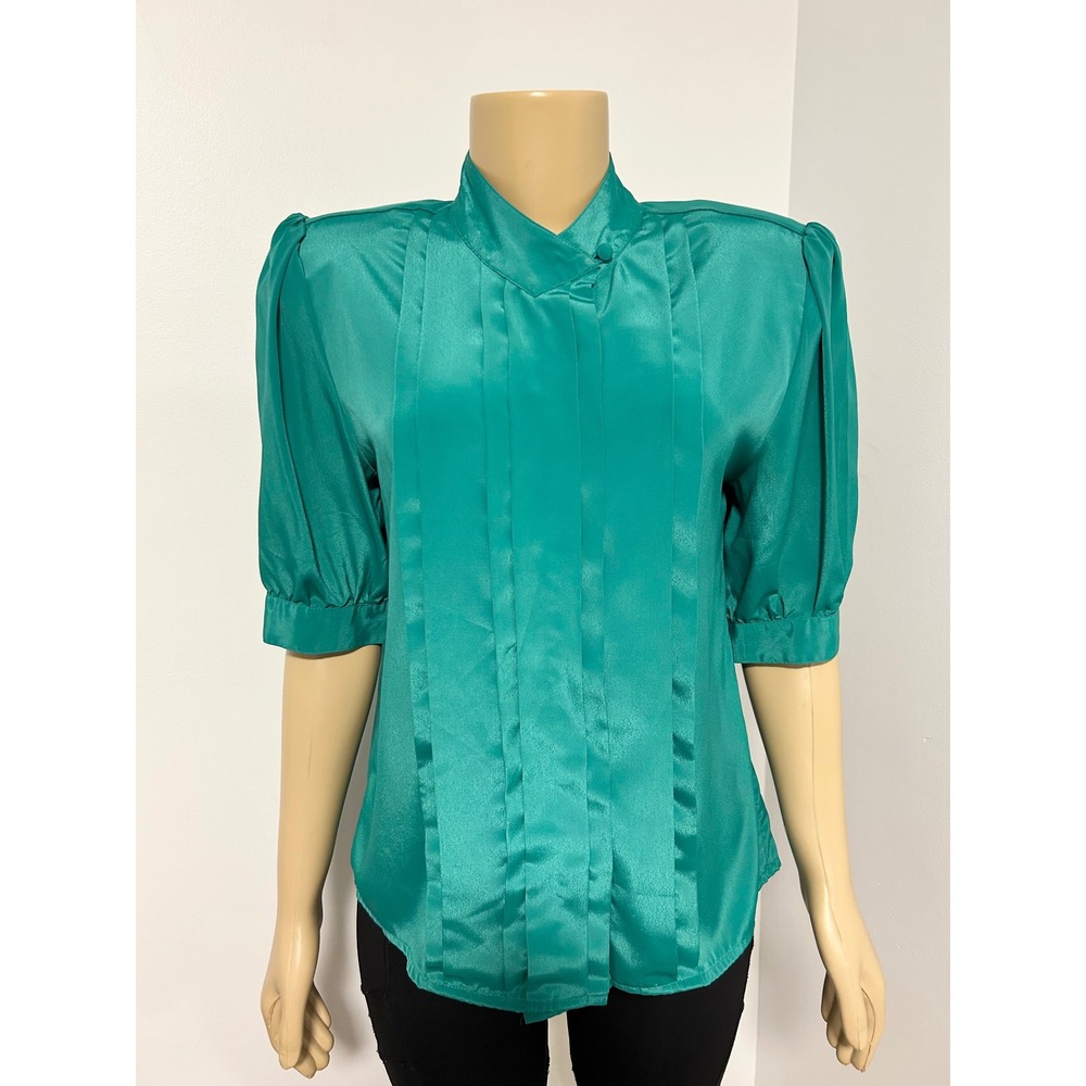 Worthington Vintage 80s Green Teal Pleated Satin Puff Sleeve Blouse Size M 10